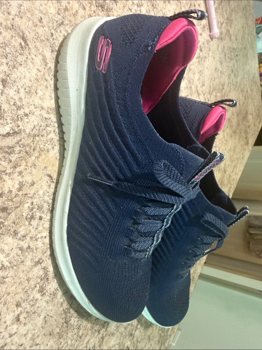 Skechers Navy Slip-On Knit Sneakers with Pink Liner